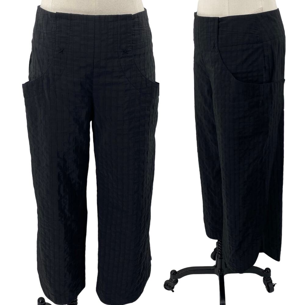 Maya Negri Wide Leg Cropped Pants Textured Pinstripe Side Split Pockets Black 0